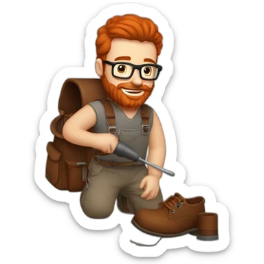 Red smooth haired man with beard and glasses hand sewing a saddle bag with a hammer sticker
