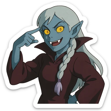 1 female, single long white braid with lavender tips. Vampire with blue skin and glowing gold yellow eyes. Meme pose sticker