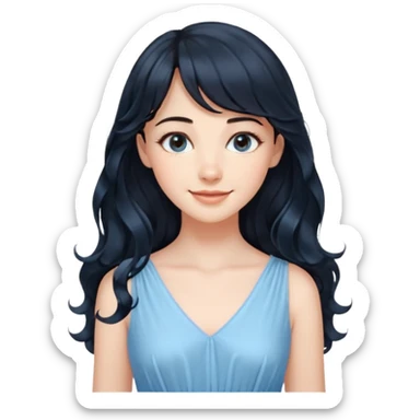 Cewe Romantis Kulit putih glowing, rambut hitam panjang bergelombang natural, poni see-through tipis. Pakai dress biru pastel terang senyum lembut sambil lihat ke samping. sticker