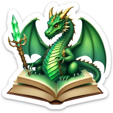 Icon for Fantasy and Sci-Fi Literature: a magical book with glowing pages, surrounded by a dragon, a spaceship, and a wizard with a staff. The icon should capture the adventurous and imaginative world of fantasy and science fiction. Transparent background. sticker