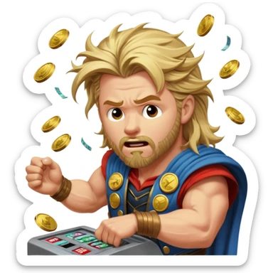 disheveled Thor losing money at a slot machine, panicked face, coins flying sticker