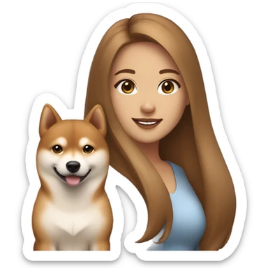 beautiful woman, straight long light brown hair, brown eyes smiling with dog Shiba Inu sticker