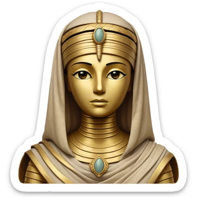 Cinematic Noble Mummy Portrait Emoji, Regal and timeless, with a meticulously wrapped, ancient form in muted earth tones accented by faded gold, exuding an air of forgotten majesty and solemn duty, simplified yet elegant with intricate bandage details, highly detailed and softly glowing, evoking the dignified mystery of an eternal sentinel guarding long-lost secrets! sticker