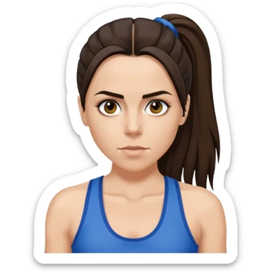 Melanie C with hazel eyes, dark brown long ponytail hair, blue tank top sticker