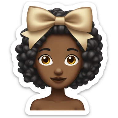 A brown skin girl with long curly black hair at the shoulders with a coquette bow sticker