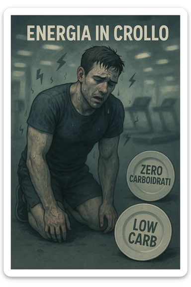 Uomo sportivo sui 30 anni in palestra, inginocchiato, esausto, con il volto sudato e un’espressione di forte stanchezza. Le luci della palestra sembrano sfocate, a simboleggiare confusione mentale. Accanto a lui, piatti vuoti con scritte tipo 'zero carboidrati', 'low carb'. I muscoli appaiono sgonfi e senza tono, mentre piccoli simboli di energia (come fulmini grigi spenti) si allontanano dal suo corpo. In alto, la scritta 'Energia in crollo'. Atmosfera spenta, colori freddi, sensazione di vuoto e affaticamento. in italiano sticker