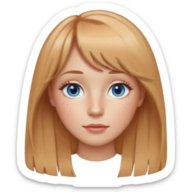 female with oval face, very fair skin, freckles, long strawberry-blonde hair, center part, wispy bangs, almond gray-blue eyes, sandy-blonde brows, straight nose, rose-tinted lips sticker