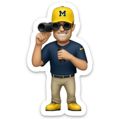 jim harbaugh with binoculars michigan sticker