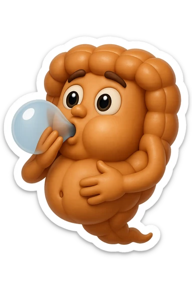 emoji stile iphone di un intestino che ingoia una nuvoletta di aria ben visibile e gli si gonfia la pancia, iperrealistico 4k sticker