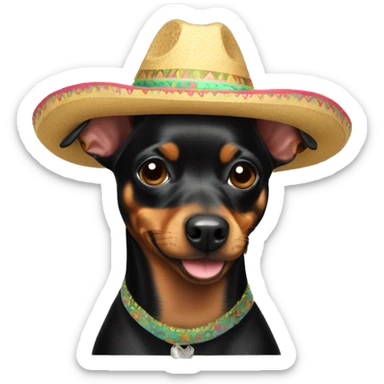 a black miniature pinscher wearing a sombrero sticker