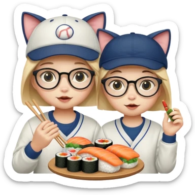 cute girl cat wearing glasses and a cute boy cat wearing a baseball cap eating sushi together sticker