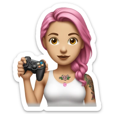 White girl with arm tattoo and brown hair holding a pink game controller sticker