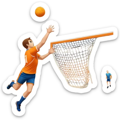 A handball thrown towards the goal, mid-air, with the goalposts and court lines in the background. The scene captures the power and precision of the throw, with the net of the goal in focus, emphasizing the dynamic action of the sport. sticker