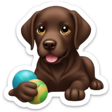 Chocolate labrador playing with toy sticker