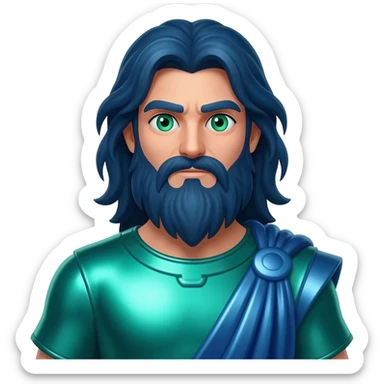 Neptune from Roman Mythology with sea green eyes, long dark blue hair and beard, sea green metallic tunic, blue metallic cloak sticker