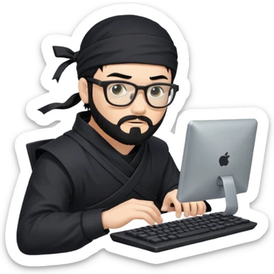 Man with black hair and beard wearing glasses in a ninja costume typing on a computer keyboard sticker