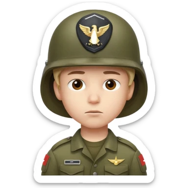 a young boy wearing a military helmet sticker