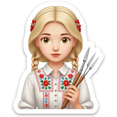 Ukrainian young girl in white embroidered traditional shirt holding needlework tools sticker