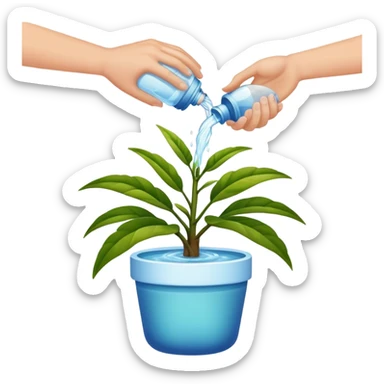 hands pouring water onto a potted plant, simple and friendly sticker
