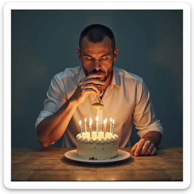 modern style 4K conceptual illustration of a man blowing out candles with an hourglass appearing above the cake, symbolizing metabolism slowing after 30 sticker