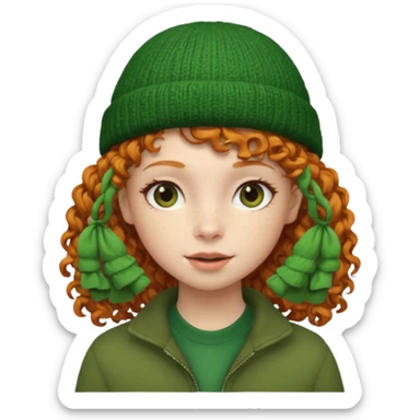  ginger girl with a green beanie with curly hair  sticker