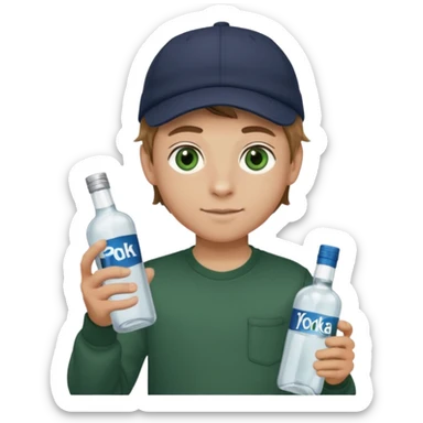 garçon avec yeux vert foncé qui a une puff 16k jnr à l’un main et une bouteille de vodka à la main avec une coupe casquette et les cheveux chatin clair  sticker