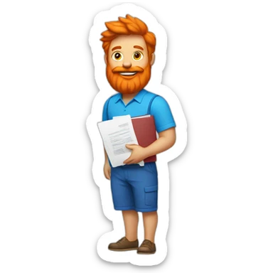 Man with large orange beard wearing red shorts blue shirt and holding stack of documents sticker