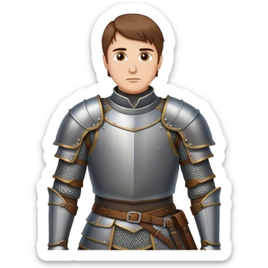 medieval battle armor worn by a DnD themed fantasy character. basic scale mail vest over a gambeson with a high collar. armor only above the waist. The armor full waist. The character's haven't arms. character is brown hair hazel eyes short wild hair white man. sticker
