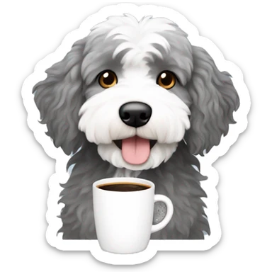 Gray and white Aussiedoodle holding hot coffee sticker