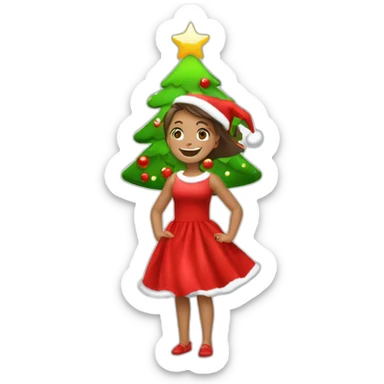 happy girl with red cristmas dress and gifts under cristmas tree sticker