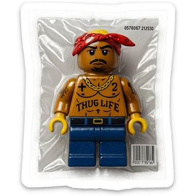 Lego minifigure styled as 2Pac (Tupac Shakur), with bandana, tattoos, and iconic look, glossy and puffy sticker