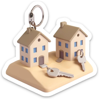 keychain with two keys, one khaki and one beige sand-gray, and a white house-shaped key fob, 3D Emoji style, soft shadows and highlights, transparent background, no decoration, angled view sticker