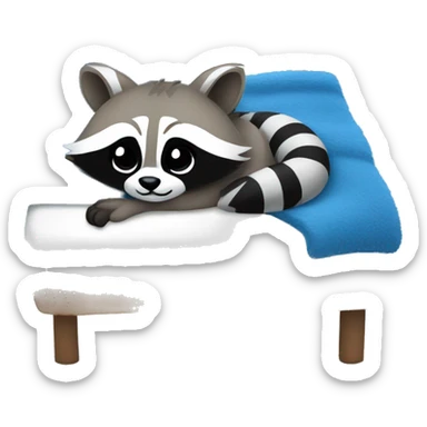 a raccoon laying in a white bed with a blue fuzzy blanket  sticker