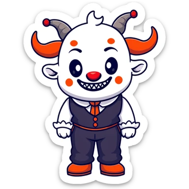 full-body demonic clown in black and white leisure suit with bellbottom pants, bald, black ram horns, flashy black and white belt, ruffled white shirt, no neck tie, large fangs, cartoon sticker style sticker