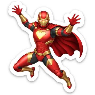 "A high-quality die-cut sticker of a tech-based armored superhero in a dynamic flying pose. Vibrant red and gold metallic plating, glowing circular chest piece, thick white border, flat vector art style, white background." sticker