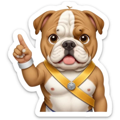 English bulldog pointing at a landmark, wearing a tour guide sash sticker