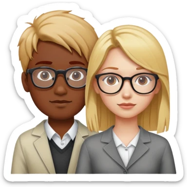 A blonde haired girl and red haired girl both with glasses standing next to an Indian male sticker