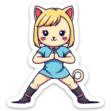 girl in a short dress with gogo boots, blond hair, cut-out heart in the dress, yoga cat pose sticker