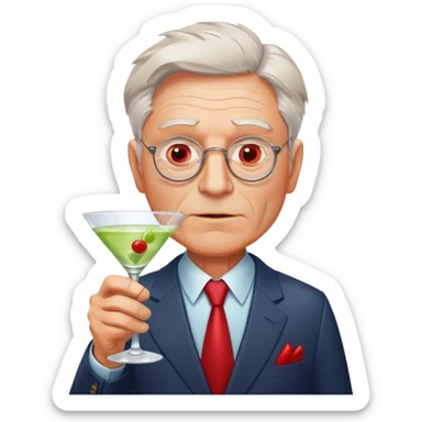 older businessman with red face holding martini glass, disheveled appearance sticker