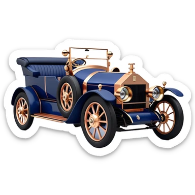  tarnished dark blue led lights C-3PO ghost buster’s 1927 delicately inlaid rose gold wood barrel accents Model-T x Rolls Royce efficiently powered by futuristic electric motors and dynamos with wide racing wheels that are strong agile advanced suspension and steering sticker