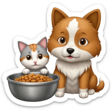 The dog is itching because of fleas, the cat is eating a lot of food from the bowl sticker