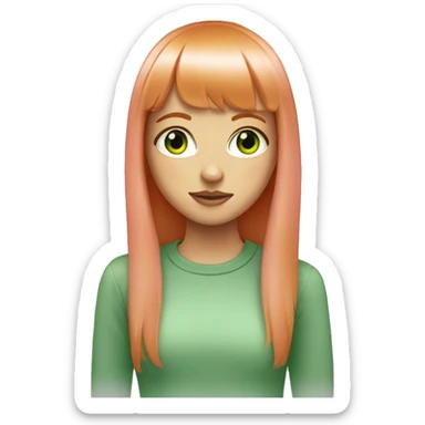 ginger girl, green eyes eyes, shoulder lenght straight hair with bangs, wearink pink  sticker