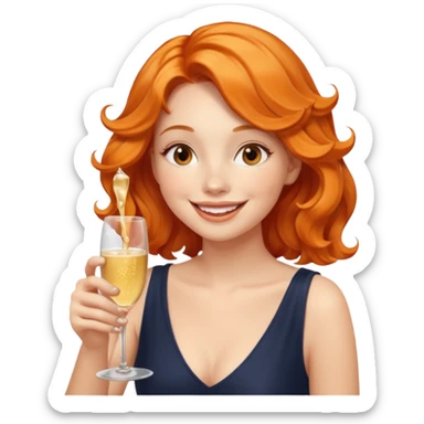 A shy young woman with orange wavy hair gently takes her first small sip of champagne, smiling with excitement. sticker