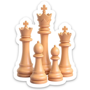 three chess pieces (rook, knight, bishop) made of light maple wood with a glossy finish, 3D, arranged together sticker