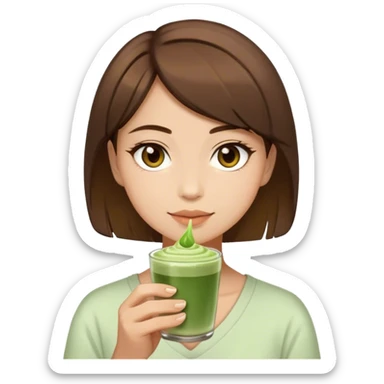 Woman with short Hair brown, brown eyes and Matcha in her hand sticker