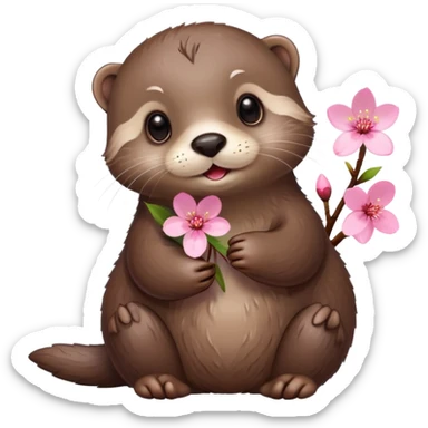 cute otter holding a cherry blossom flower sticker