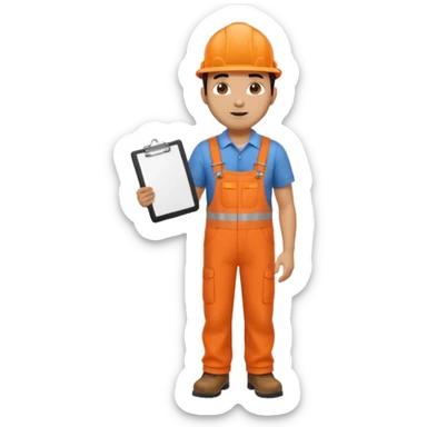 Indian male railway engineer orange overalls, boots holding a clipboard back of head sticker