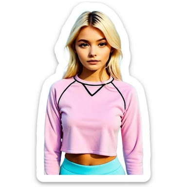 En anime-ku-jente med to rosa lange tykke fletter og cyan striper i håret, ku-horn og ku-ører, sort BH-topp over en gul cropped-fleece-blouse, lilla øyne, søt sløyfe på halsen  sticker