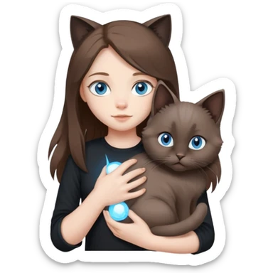Girl with blue eyes and long brown hair and black shirt, holding a fluffy light grey cat with fold ears sticker
