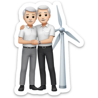 an older white man with grey hair and a white shirt and black pants , hugging a silver wind turbine sticker
